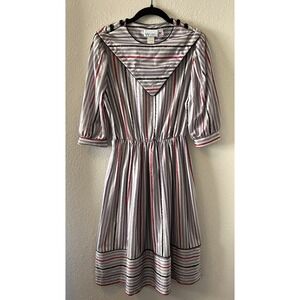 Vintage 80s Dress Size 14 Sailor Collar Striped Elastic Waist Button Sleeve Midi